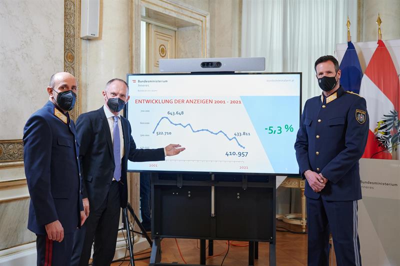 Generaldirektor Franz Ruf, Innenminister Gerhard Karner und Direktor Andreas Holzer (BK). 411.000 Anzeigen 2021 bedeuten einen historischen Tiefstand in der Erfassung der Strafdelikte.